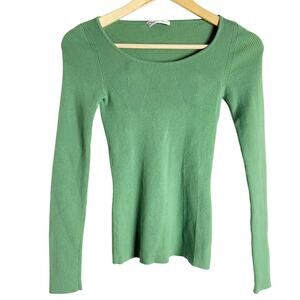 Oscar de la Renta Solid Green Ribbed Knit Long Sleeve Scoop Neck Sweater Size XS